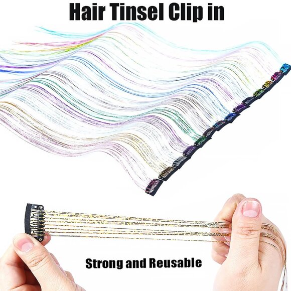 48pcs Rainbow Fairy Hair Tinsel Extensions Clip in Glitter 20 Inch for Girls Wom - Picture 2 of 5